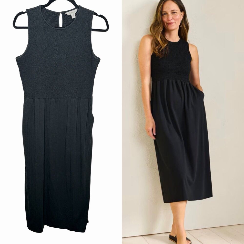 Garnet Hill Eva Smocked Knit Midi Tank Dress Black Sz S Classic Pockets Minimal